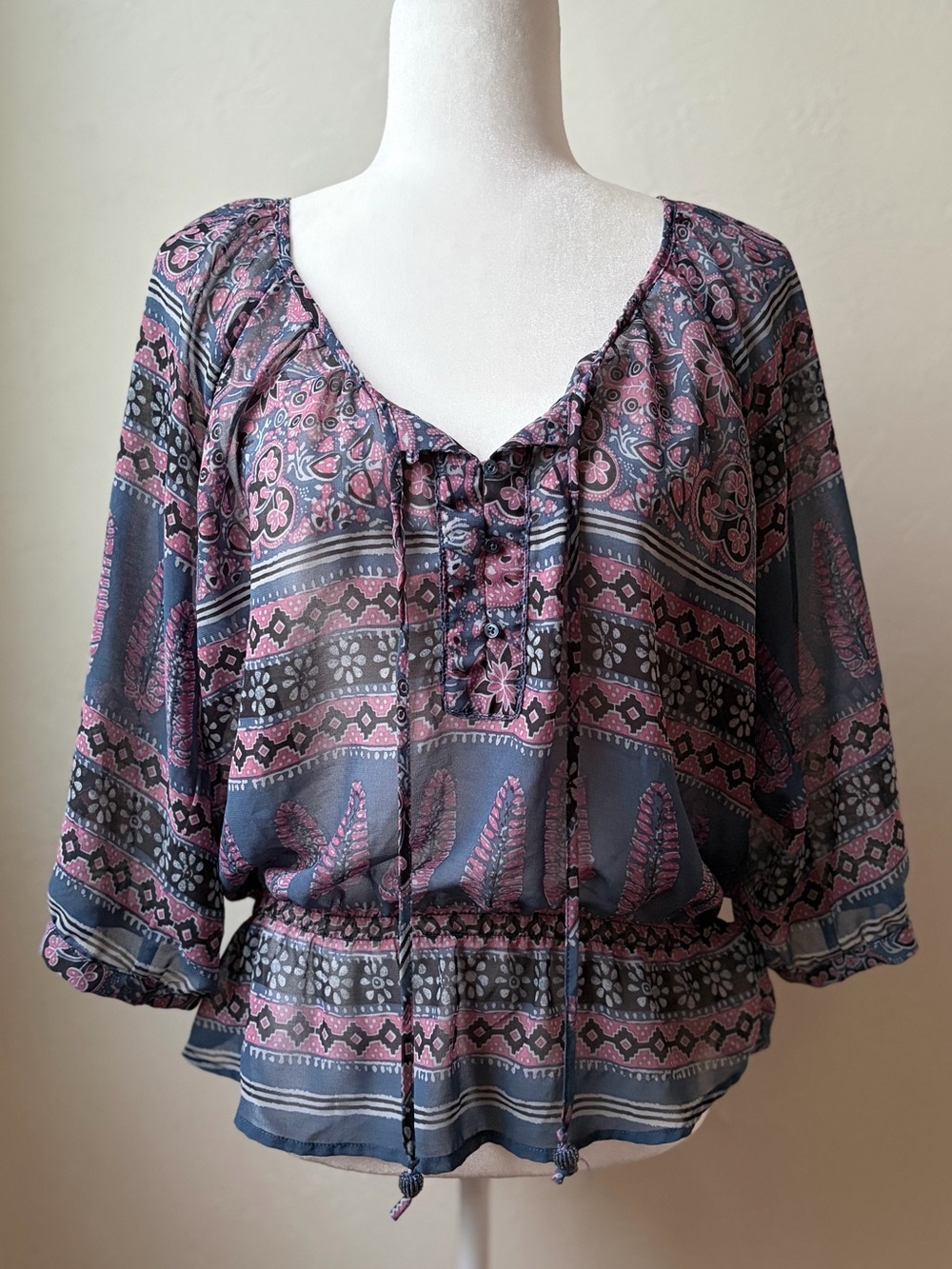 American Eagle Mixed Print Peasant Blouse Tie Neck Flowy Top Blue Pink L